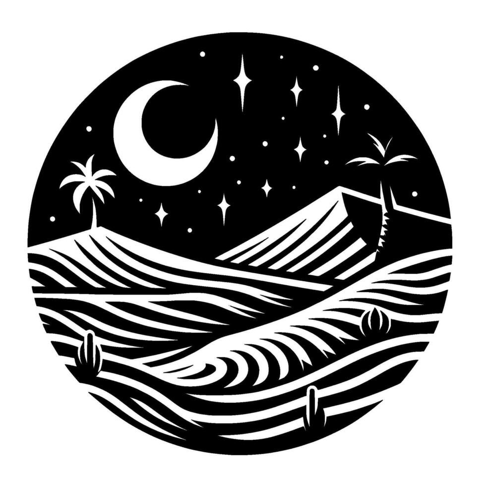 Minimalist Black and White Desert Scene in Circular Frame Moonlit Landscape with Palm Trees, Cacti, and Starry Night. vector