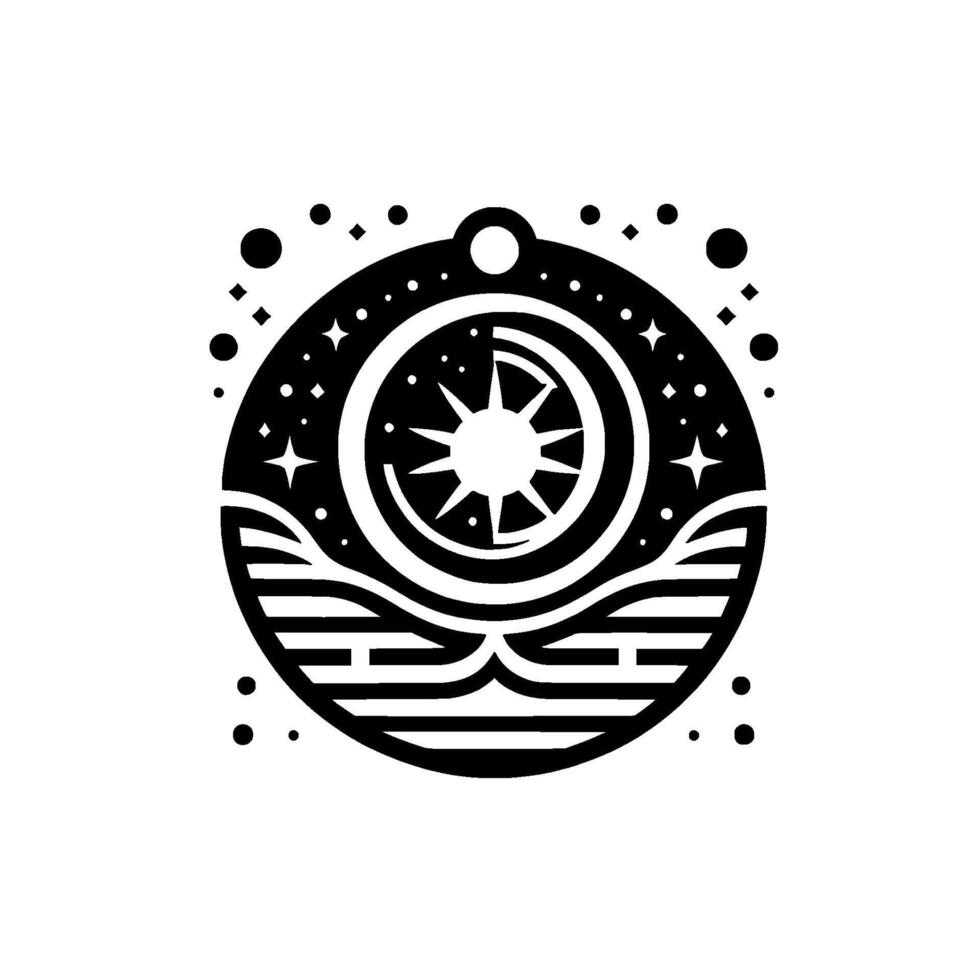 Black and white circular pendant with celestial elements, a sun, moon, stars, and stylized waves, in a minimalistic style. vector