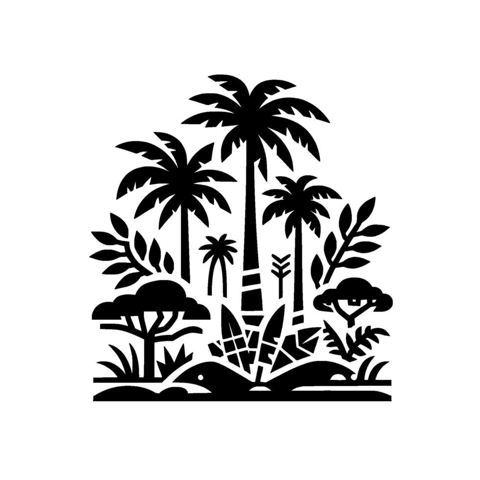 Silhouette of a Tropical Landscape Lush Palm Trees, Foliage, and Undergrowth in a Black and White, Stylized Composition. vector