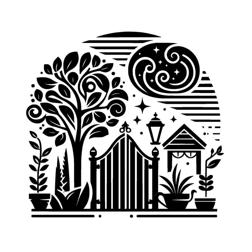 Stylized black and white illustration of a garden scene, featuring a gated entrance, tree, stars, and stylized moon in a circular frame. vector