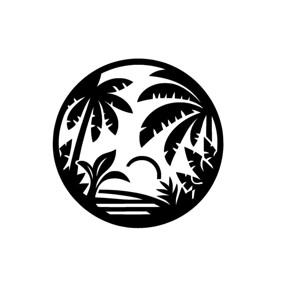 Minimalist Black and White Circular Illustration of Palm Trees, Ocean, and Sun, Evoking Tropical Serenity. vector