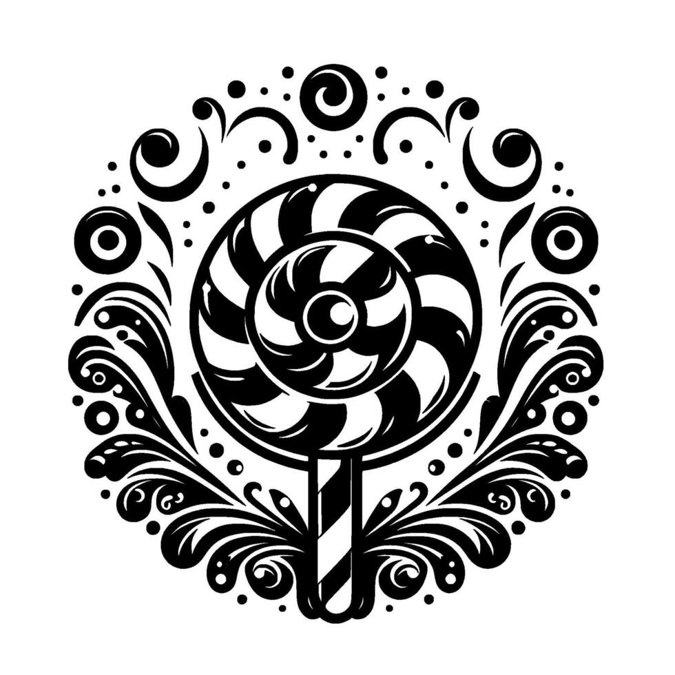 Whimsical Black and White Lollipop in a Decorative Floral Circular Design, Isolated on White vector