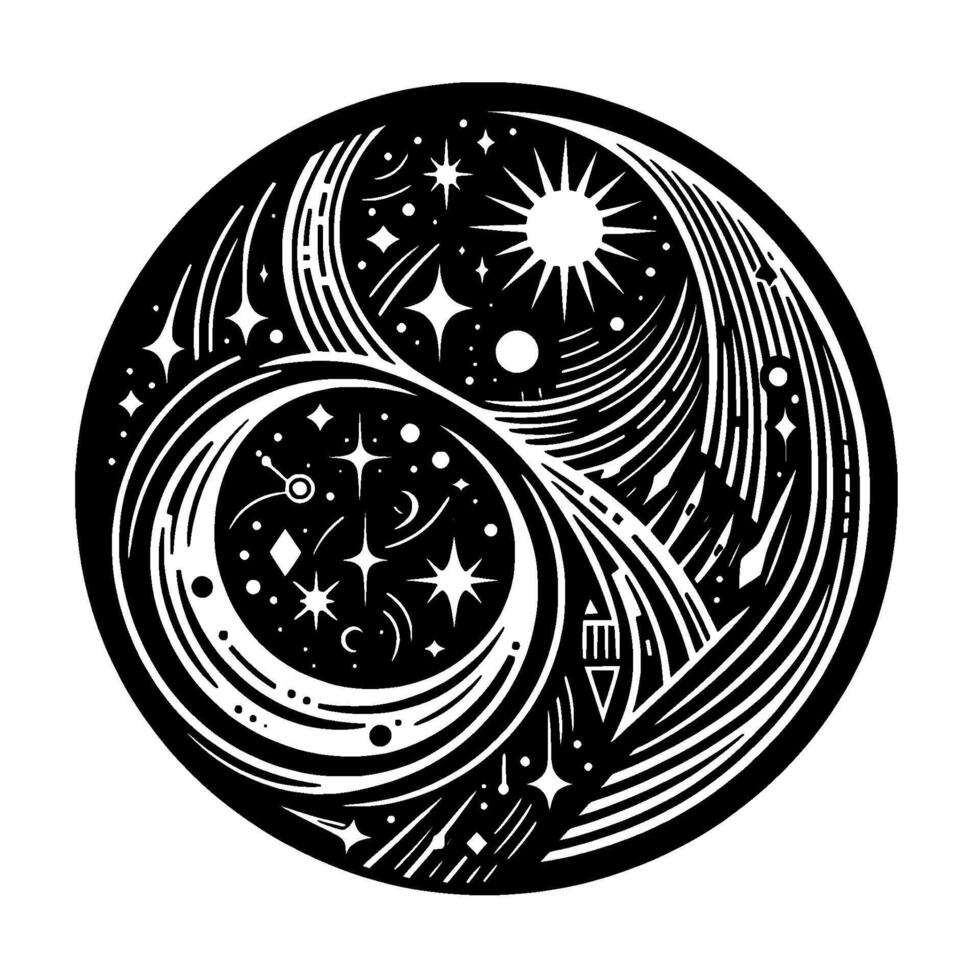 Yin Yang Celestial Harmony A black and white illustration of cosmic balance featuring a sun, moon, and stars, with stylized flowing lines. vector