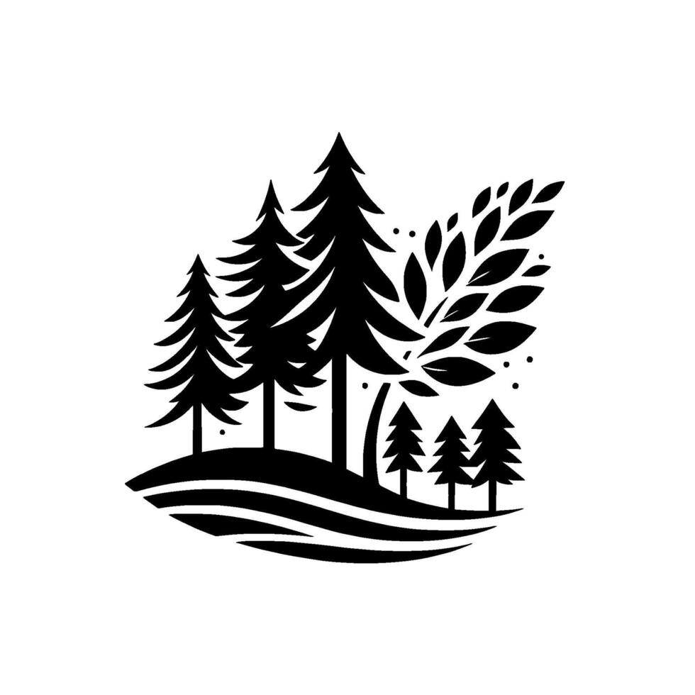 Minimalist Black White Forest Scene Depicting Pine Trees, Leaves, and a Hill Silhouette in a Clean, Artistic Composition vector