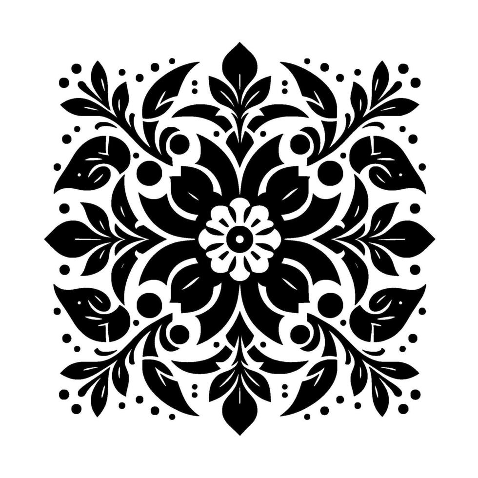 Symmetrical Black and White Floral Mandala with Leafy Branches and Dots, Centered on White Background. vector