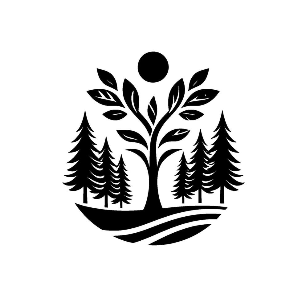 Stylized Black White Forest Illustration A tree at the center, framed by pines and a full moon, evoking simplicity and natures embrace. vector