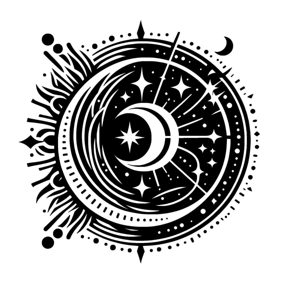 Celestial Emblem Circular Black and White with Crescent Moon, Stars, and Ornate Radial Patterns, Evoking Mysticism. vector