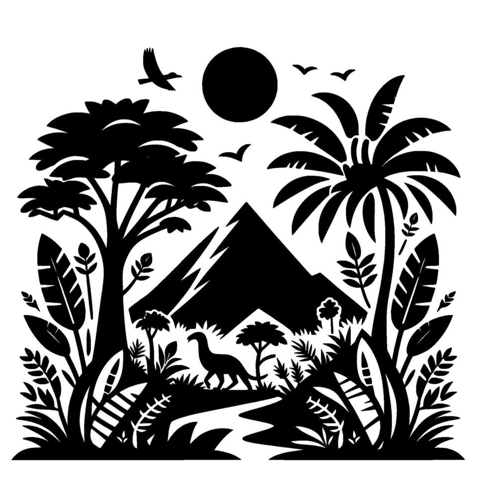 Black and white prehistoric scene with a dinosaur, mountains, palm trees, other foliage, birds, and sun against a white background. vector