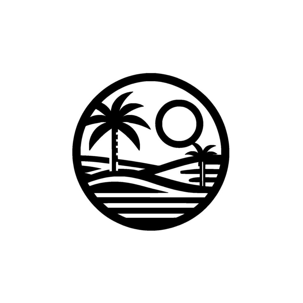 Black and White Minimalist Beach Scene Inside Circle, Palm Trees, Sun, Ocean Waves, Silhouette Art. vector