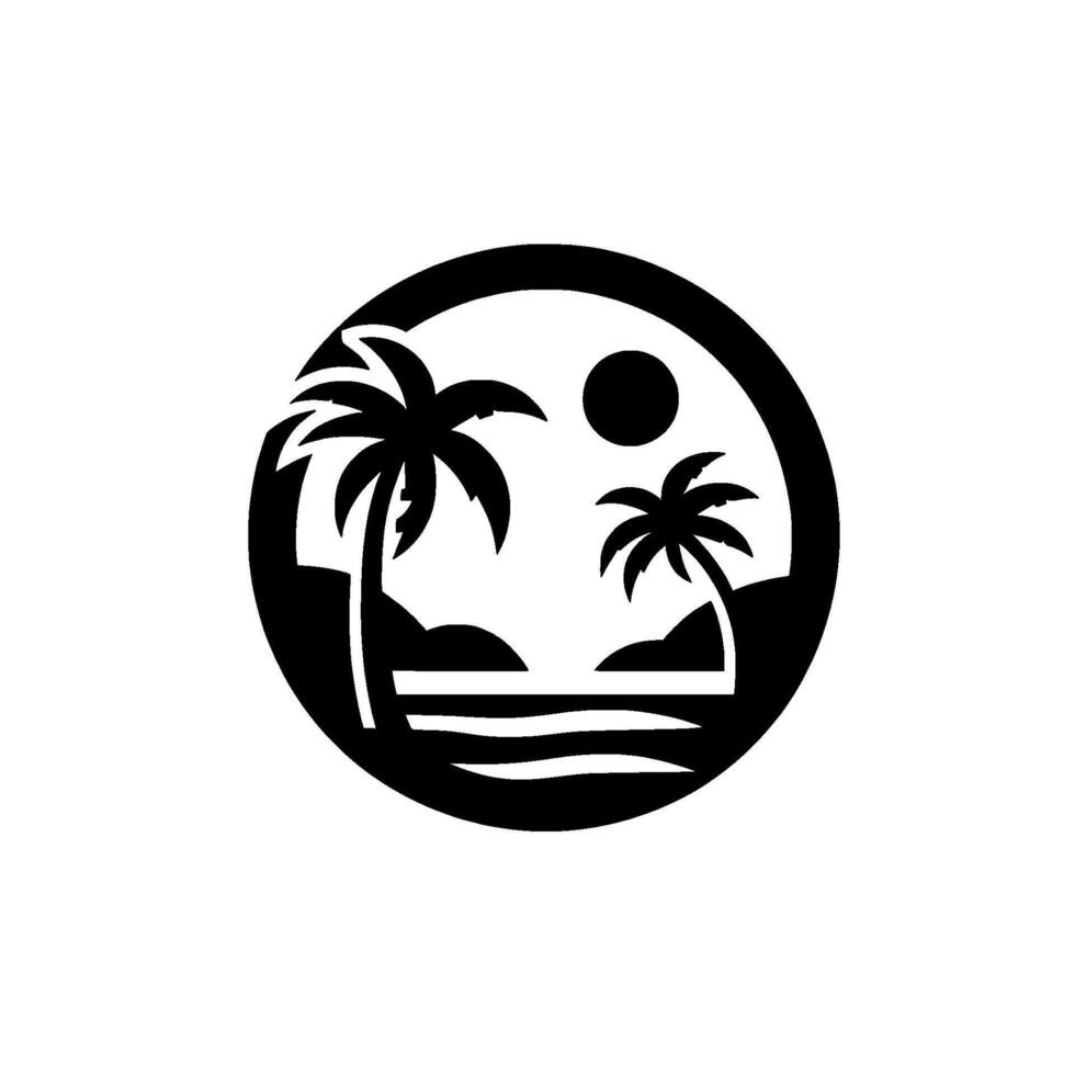 Black and white circular featuring palm trees, sun, and ocean silhouette, evoking a tropical vacation vibe. vector