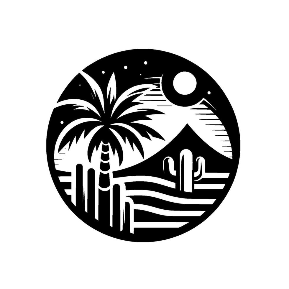 Black and White Desert Landscape Silhouette within Circle Palm Tree, Cacti, Mountains, Moon, Stars, and Horizon lines. vector
