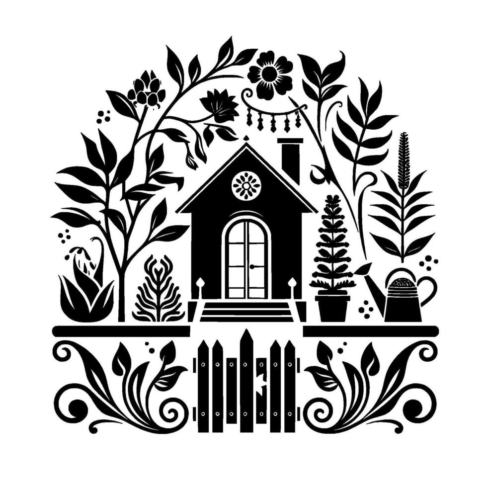 Black White Folk Art Garden Scene House Surrounded by Lush Foliage, Flowering Plants, Fence, and Watering Can. vector