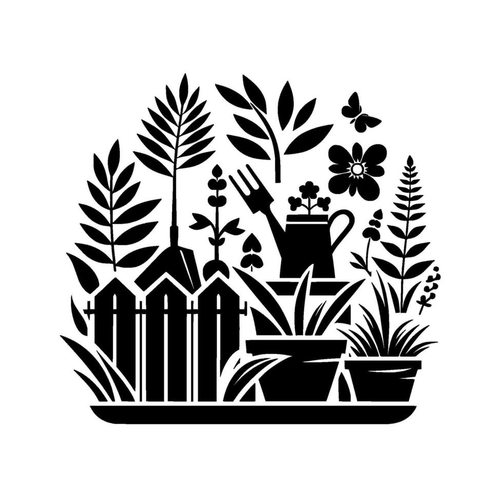 Silhouetted black and white stylized garden scene featuring a picket fence, potted plants, watering can, flowers, tools, and a butterfly. vector