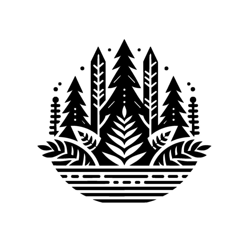 Stylized Black and White Forest Scene in a Circular Frame, Featuring Pine Trees, Foliage, and Decorative Elements. vector