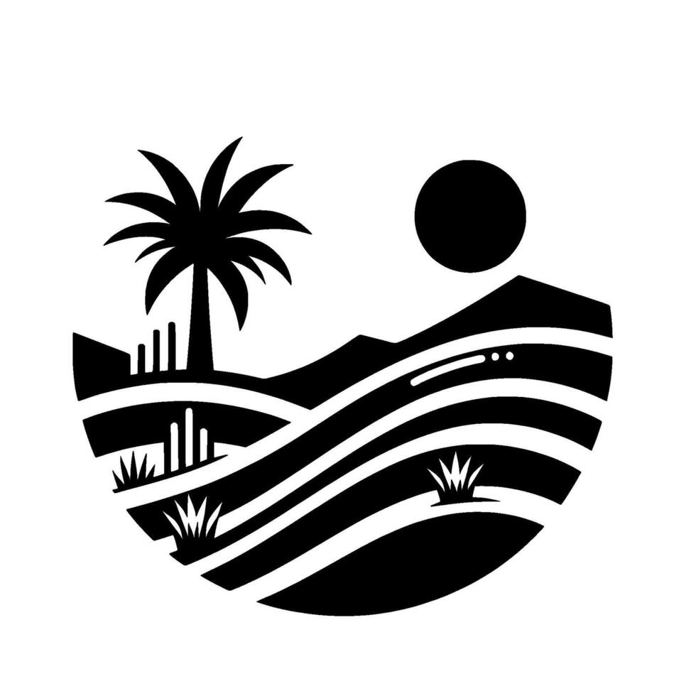 A minimalist, stylized black and white desert landscape within a rounded frame, featuring a palm tree, hills, sun, and sparse vegetation. vector