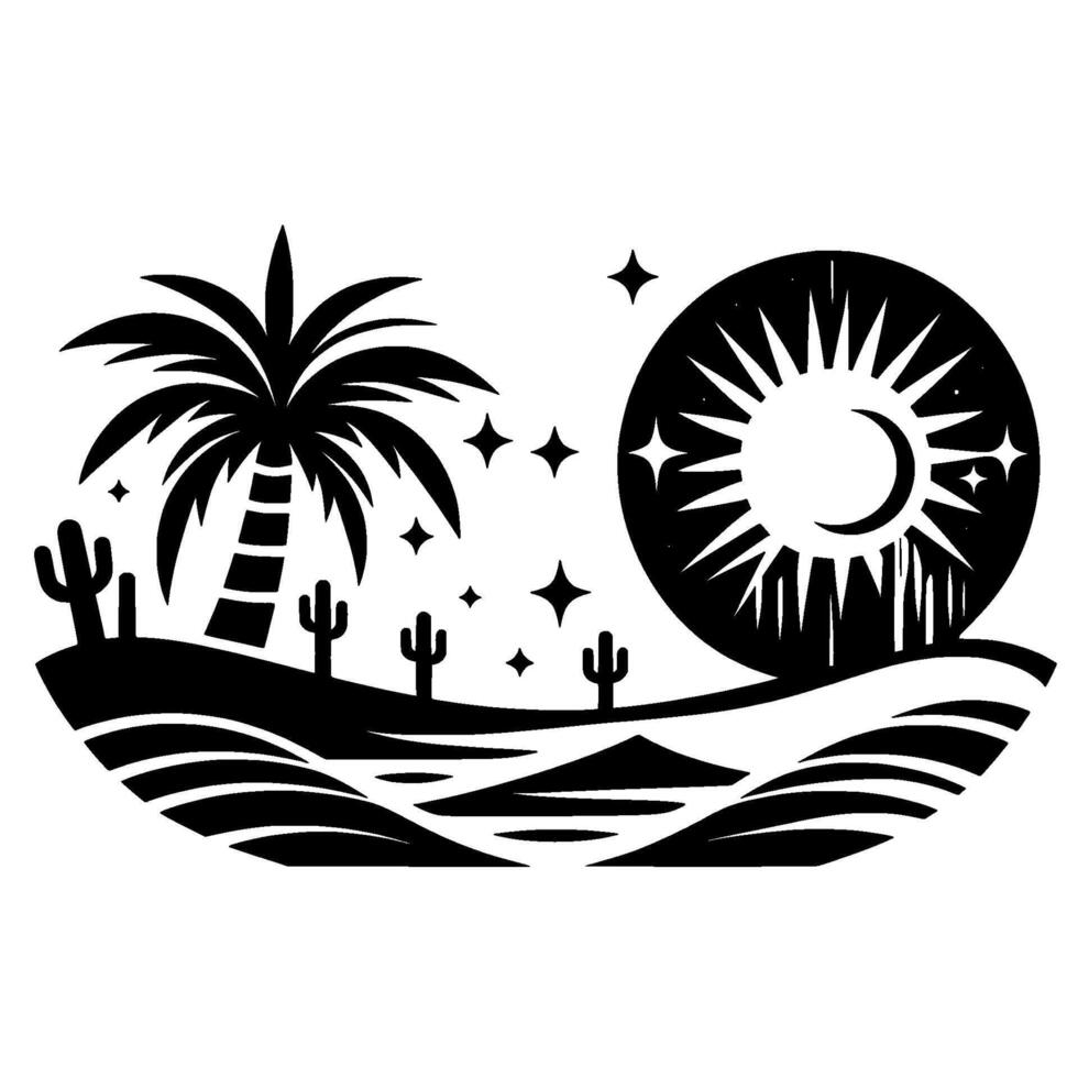 Stylized black and white desert landscape illustration featuring palm tree, cacti, sunmoon blend, and stars serene night sky. vector
