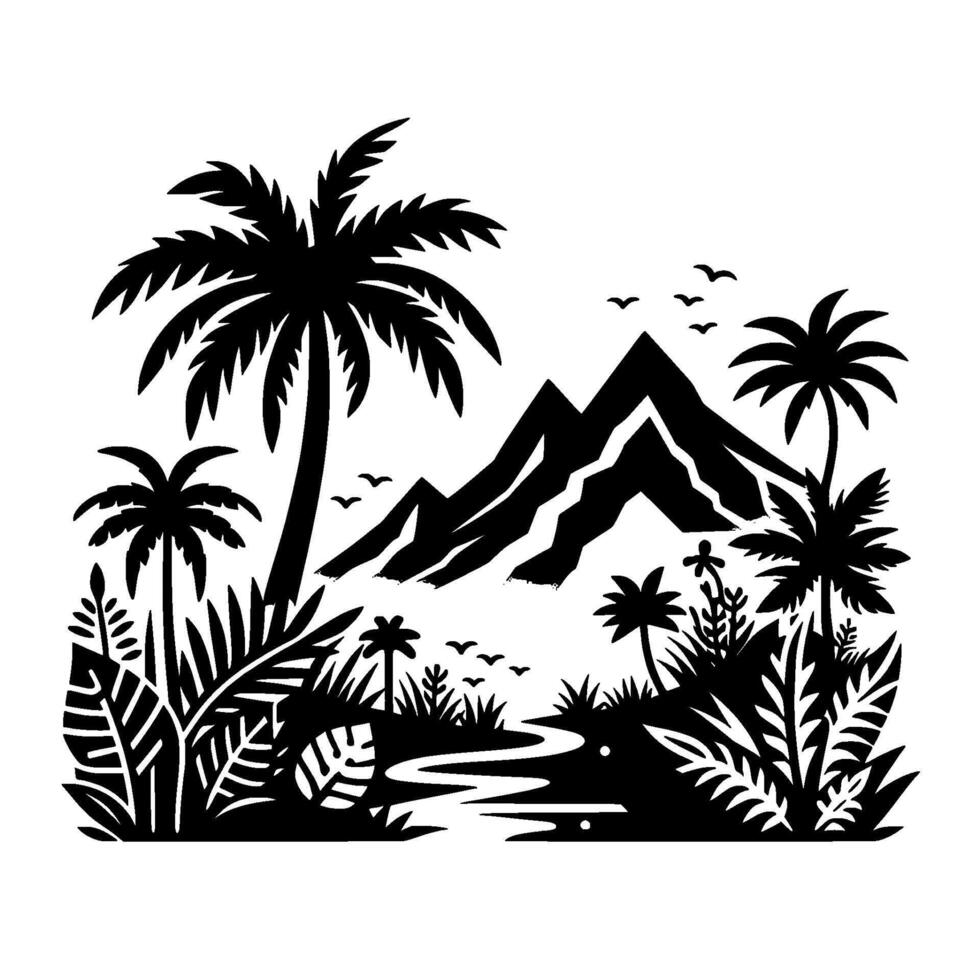 Tropical Silhouette Black and white illustration of a mountain range, palm trees, and foliage. Birds fly over a meandering stream. vector