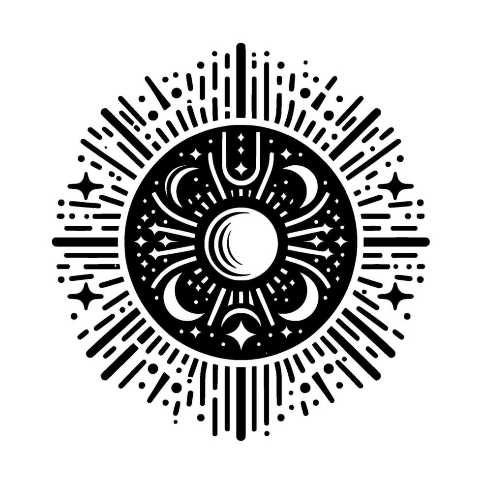 Black and White Celestial Sunburst Sun, Moon Phases, and Stars Radiating Energy on a White Background, Bohemian Design. vector