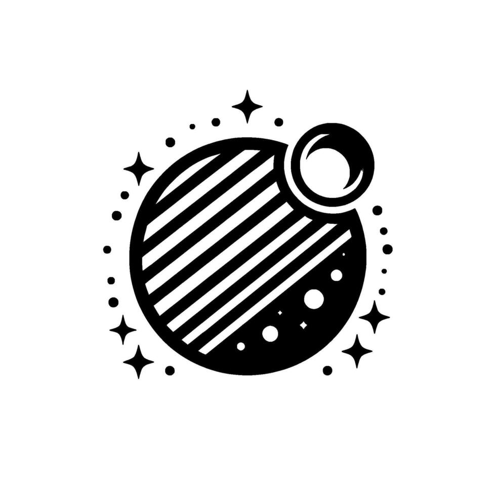 Stylized Monochrome Planetary Featuring Striped Main Sphere, Ringed Orbiting Object, and Scattered Star Accents. vector
