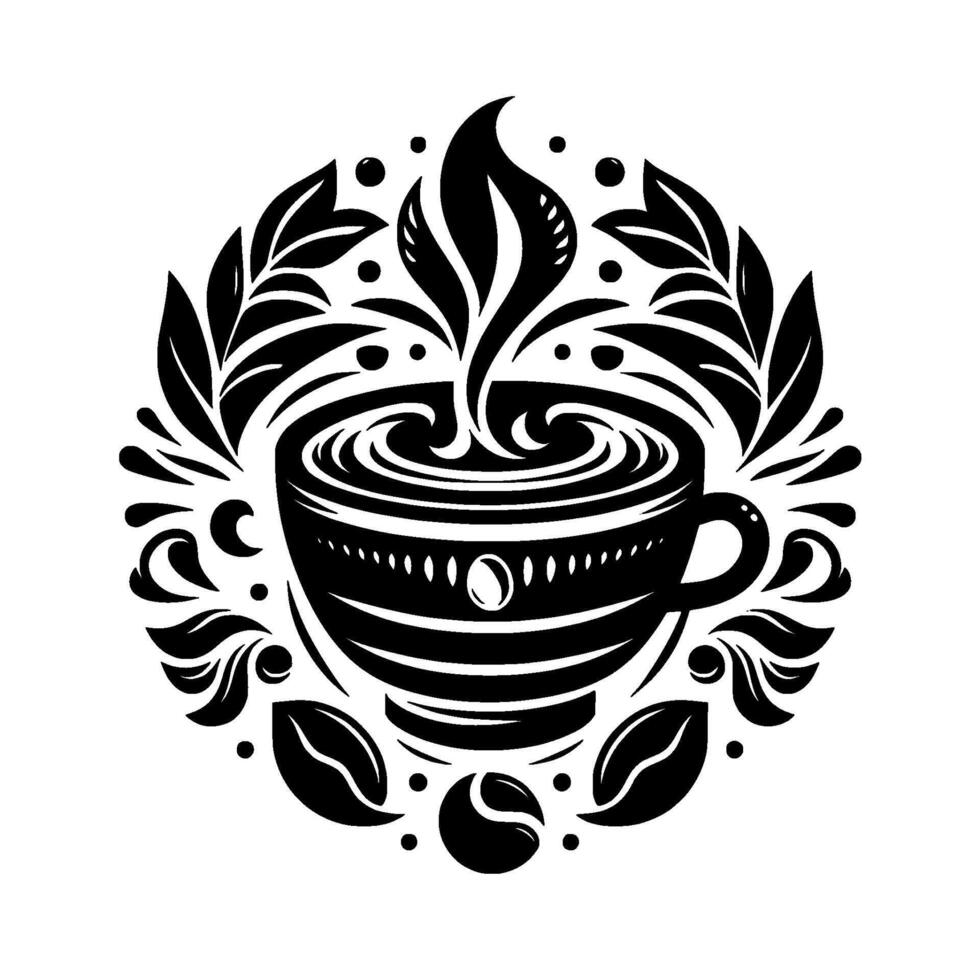 Intricate Black and White Circular Coffee Cup Emblem with Swirling Steam, Surrounded by Leafy and Coffee Beans. vector
