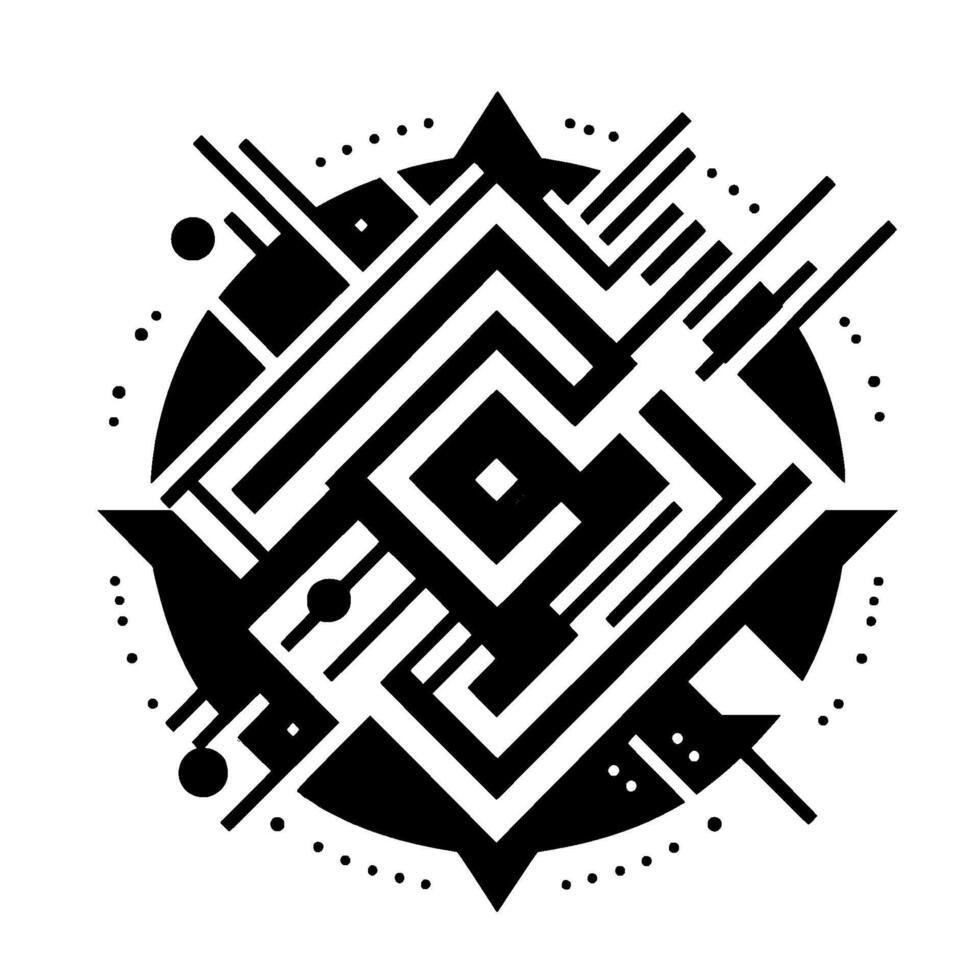 Geometric Black and White Symmetric Composition with Dot Accents, Concentric Squares, Radial Design, and Starburst Elements on White Background. vector