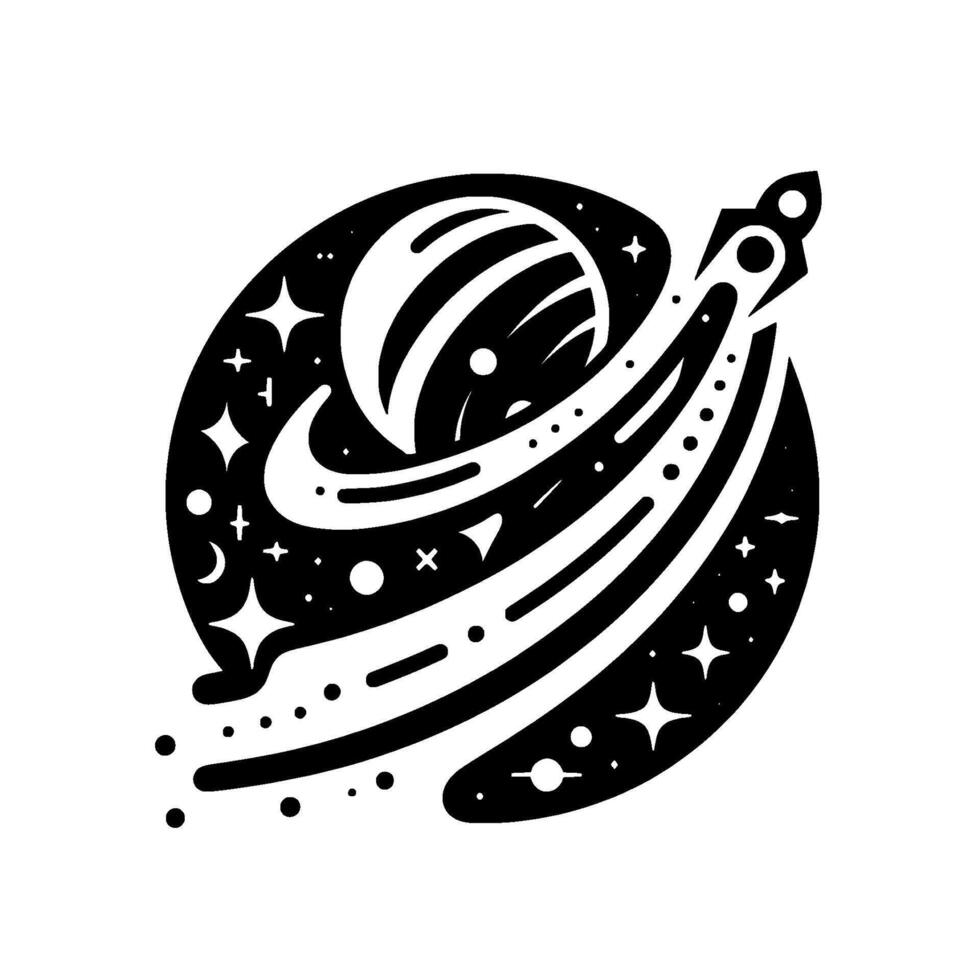 Minimalist Black and White Space Illustration Rocket Launching from a Planet, Surrounded by Stars and Celestial Bodies in a Circular Composition. vector