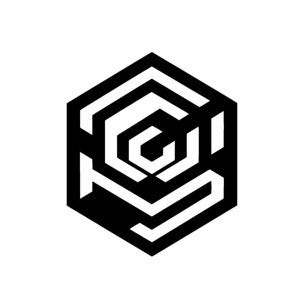 Black and White Hexagonal Geometric Featuring Labyrinthine Interior with a G Central Element. vector