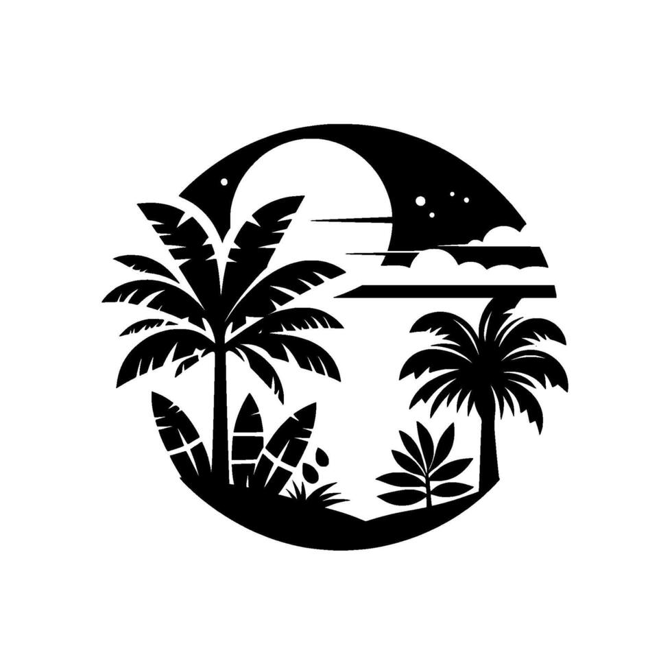 Tropical Night Scene in a Circle Palm Trees, Moon, Clouds, and Stars, Black and White Silhouette Design. vector