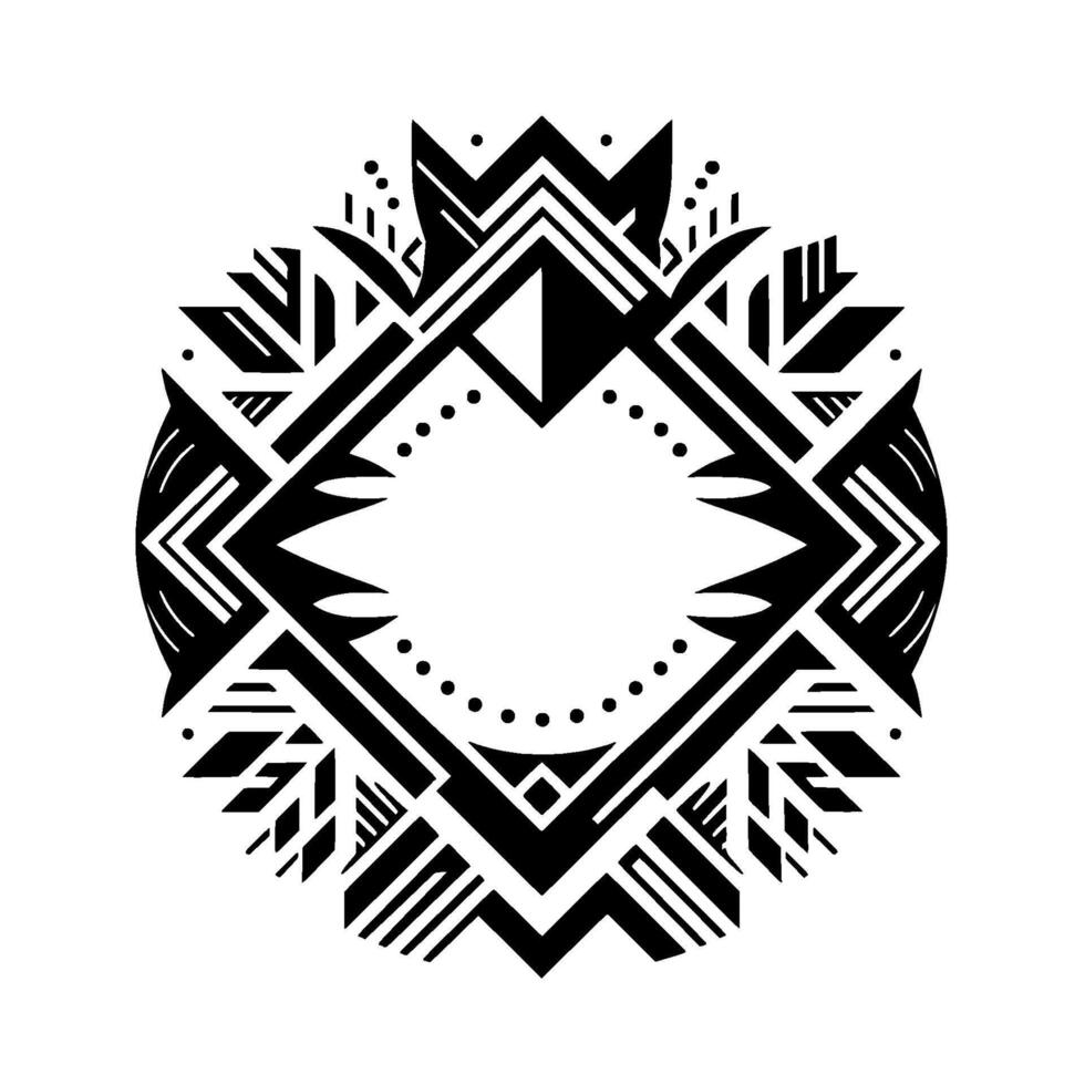 Intricate Black White Geometric Mandala, Ornamental Tribal with Repeating Shapes, Symmetrical Composition on White. vector