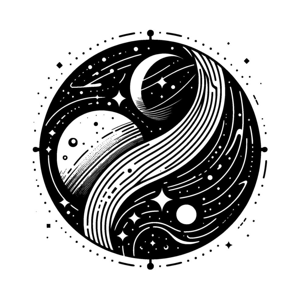 YinYang Cosmos A celestial balance of planets, moons, stars, and flowing lines within a circular, blackandwhite design. vector