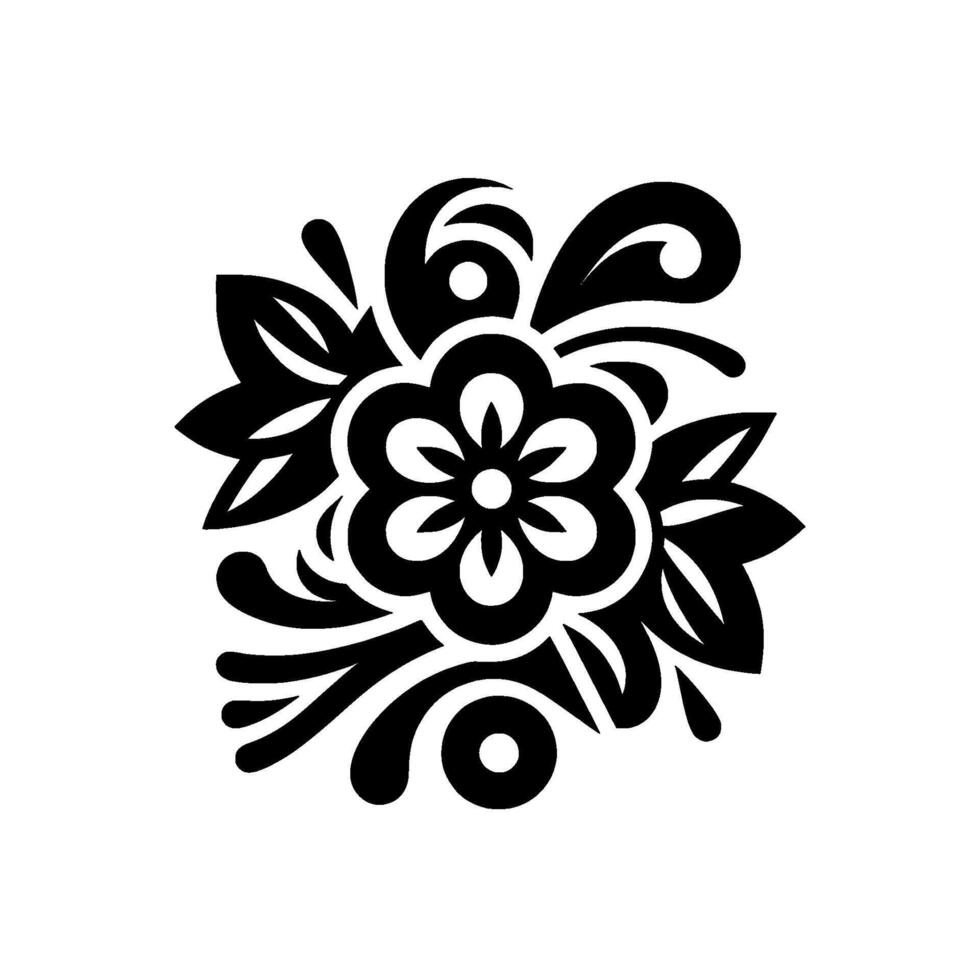 Intricate Black and White Floral Illustration Featuring a Central Flower, Leafy Accents, and Swirling Patterns, Isolated on White. vector