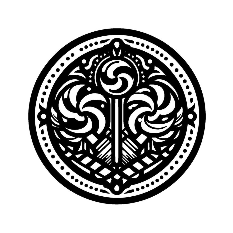 Intricate Black and White Circular Ornament Symmetrical, swirling, and dotted reminiscent of ancient art. vector