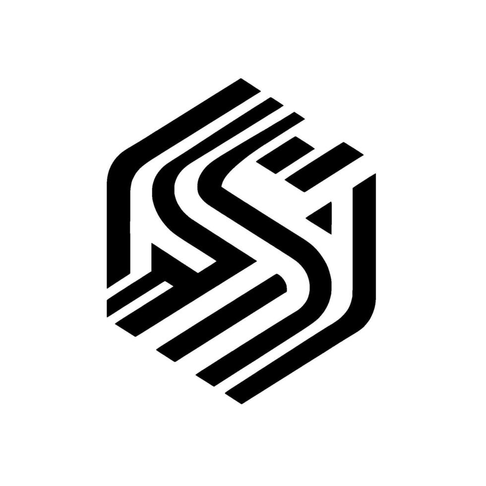 Isometric geometric design, a black and white featuring stylized letter S formed by interwoven stripes within a hexagon. vector