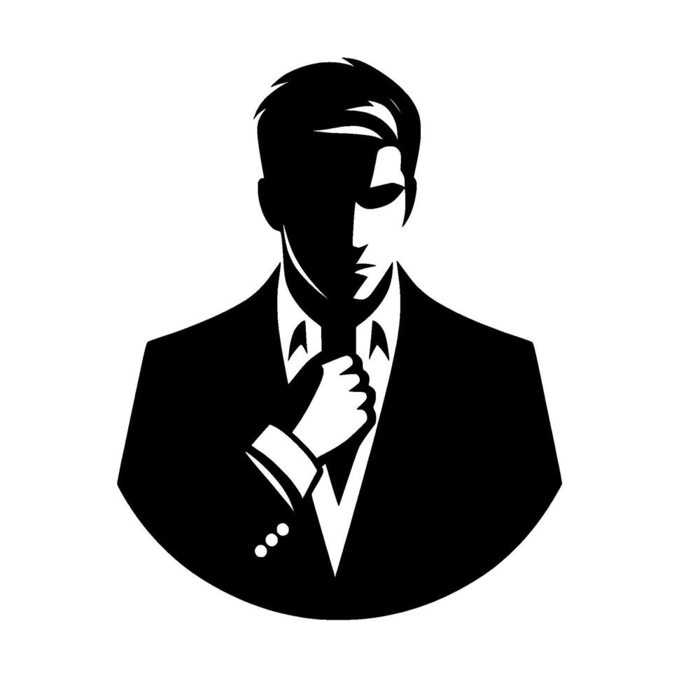 Formal Silhouette of a Man in a Suit Adjusting Tie, Black White, Shadowed Face, Minimalist, Professional, Stylish. vector