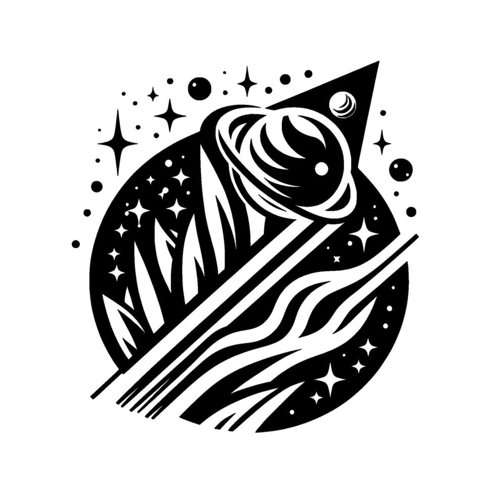 Intricate black and white space illustration featuring a planet with ringed structure, surrounded by stars, stylized grass, and a triangle. vector