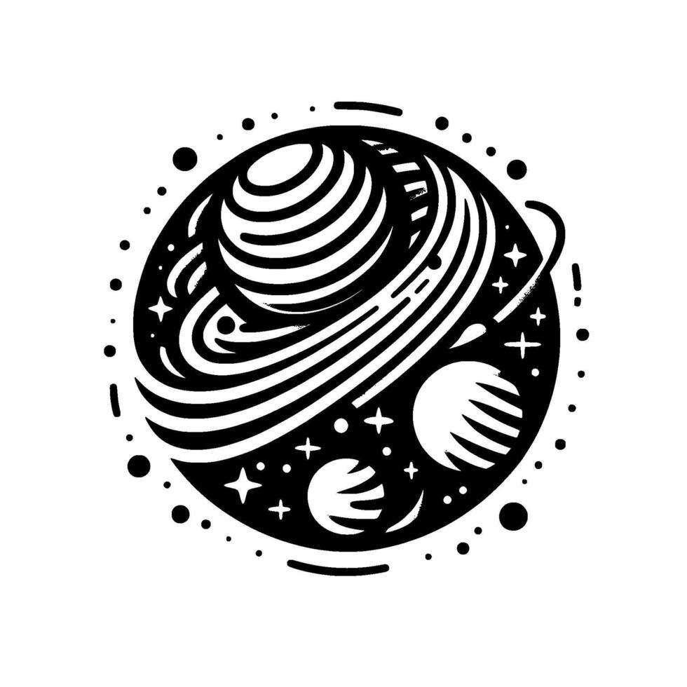 Black and white stylized cosmic illustration, depicting a striped planet with rings surrounded by smaller planets, stars, and floating particles. vector