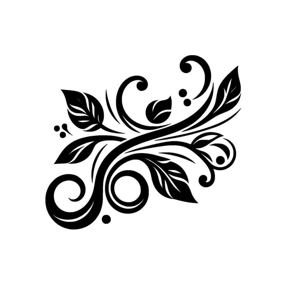 Elegant Black and White Floral with Leaves, Swirls, and Dots on a White Background. vector