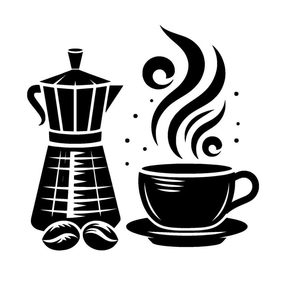 Monochromatic Italian Coffee Scene Moka Pot, Steaming Cup, and Coffee Beans, Minimalist Design. vector