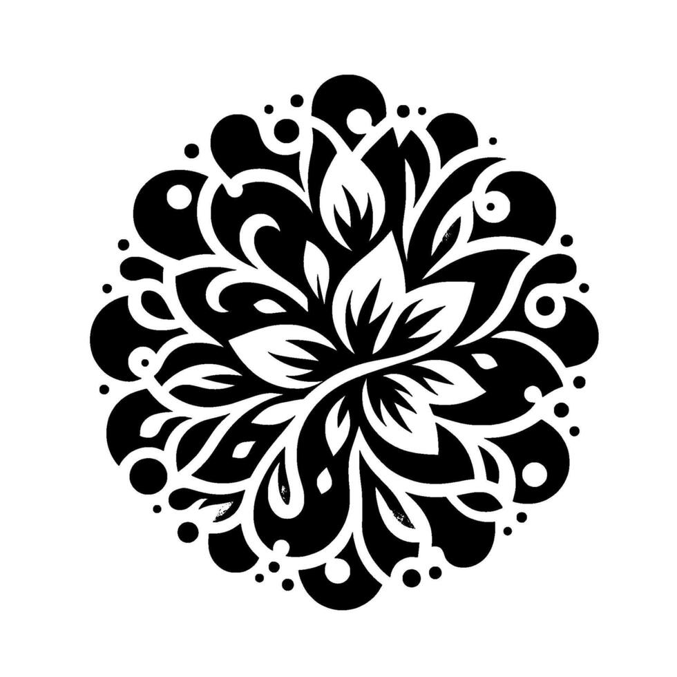 Symmetrical Black and White Mandala Floral Pattern with Curvilinear Shapes, Leaves, and Dot Embellishments on a White Background. vector