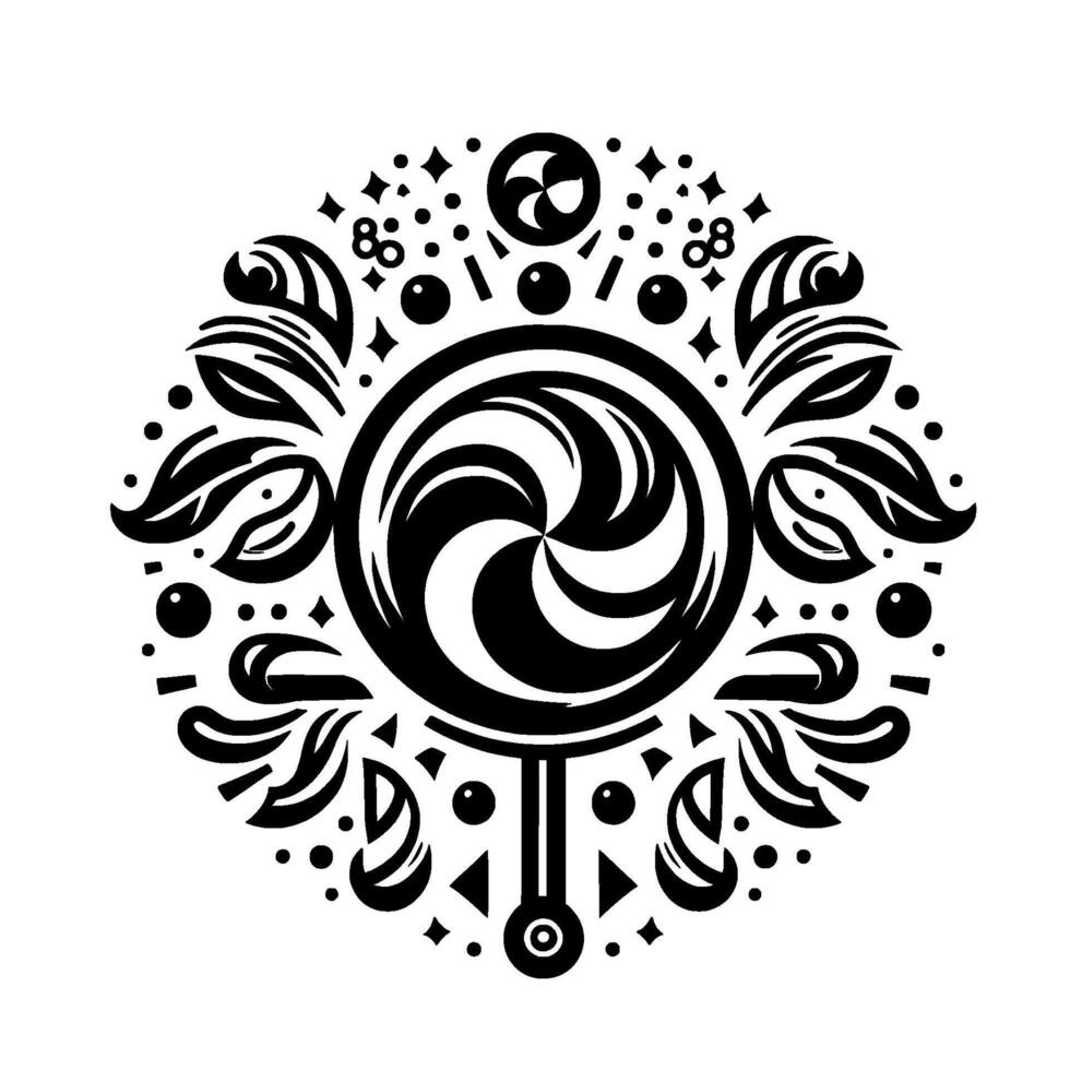 Black and White Circular Emblem SwirlCentered Lollipop with Ornamental Leafy Accents, Stars, and Dots on White Background. vector