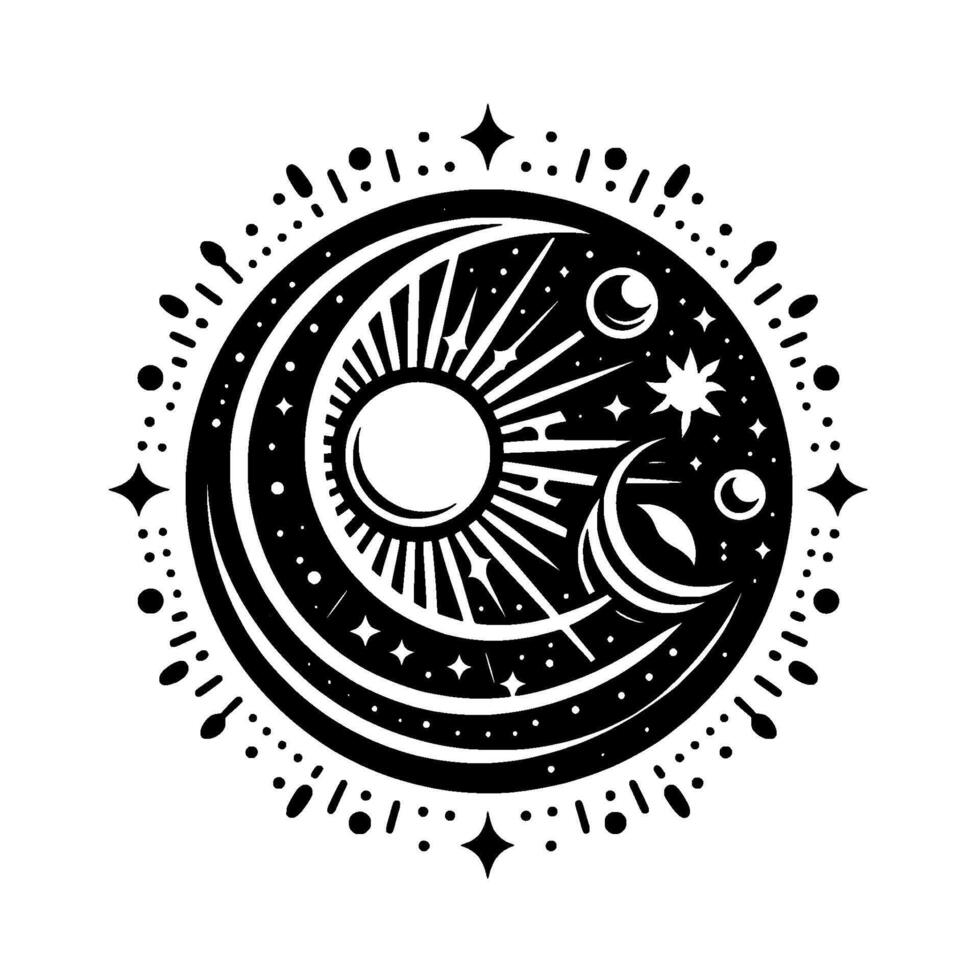 Celestial Harmony A Circular Black and White Illustration of the Sun, Moon, Stars, and Orbs with Ornamental Details. vector