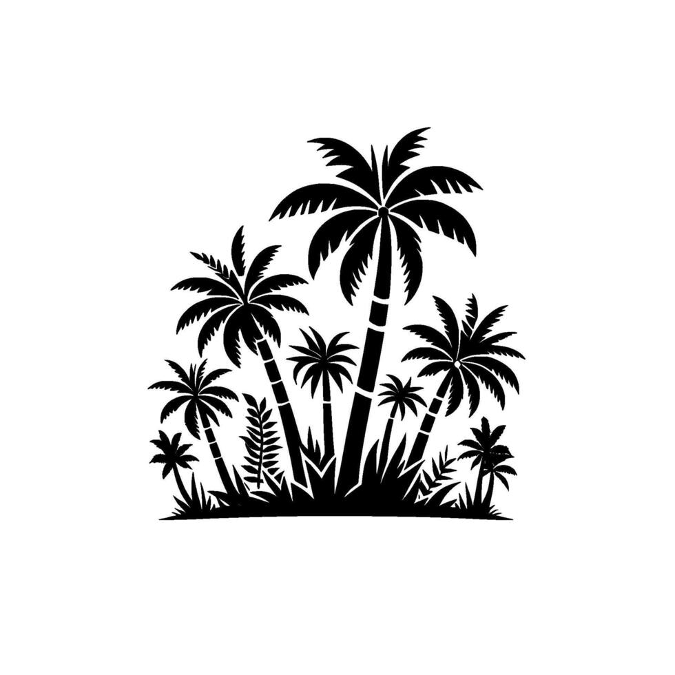 Silhouette of diverse palm trees and tropical foliage, creating a vibrant and stylized tropical island scene against a stark white backdrop. vector
