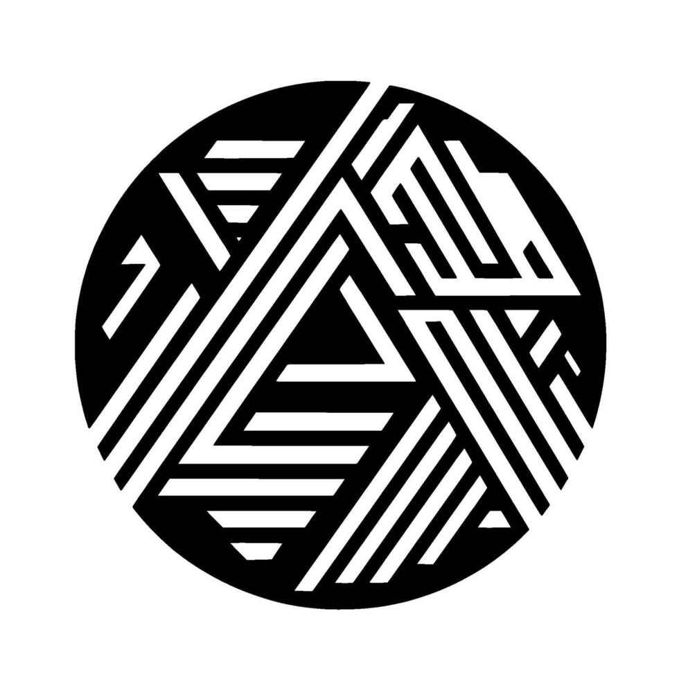 geométrico resumen dentro un negro círculo, compuesto de blanco línea segmentos creando triangular y angular patrones en un llanura blanco antecedentes. vector