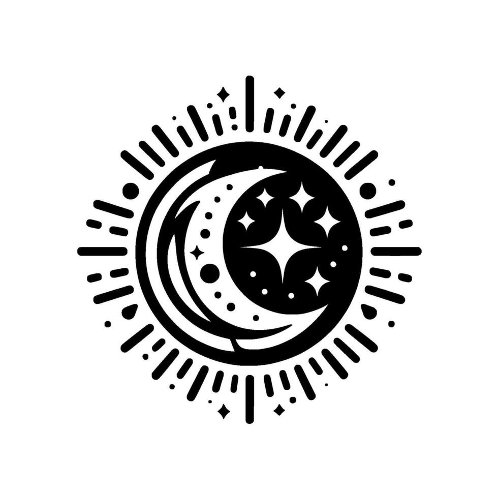 Black and White Celestial Emblem A crescent moon embraced by a sunburst, adorned with stars and dots, in minimalist design. vector