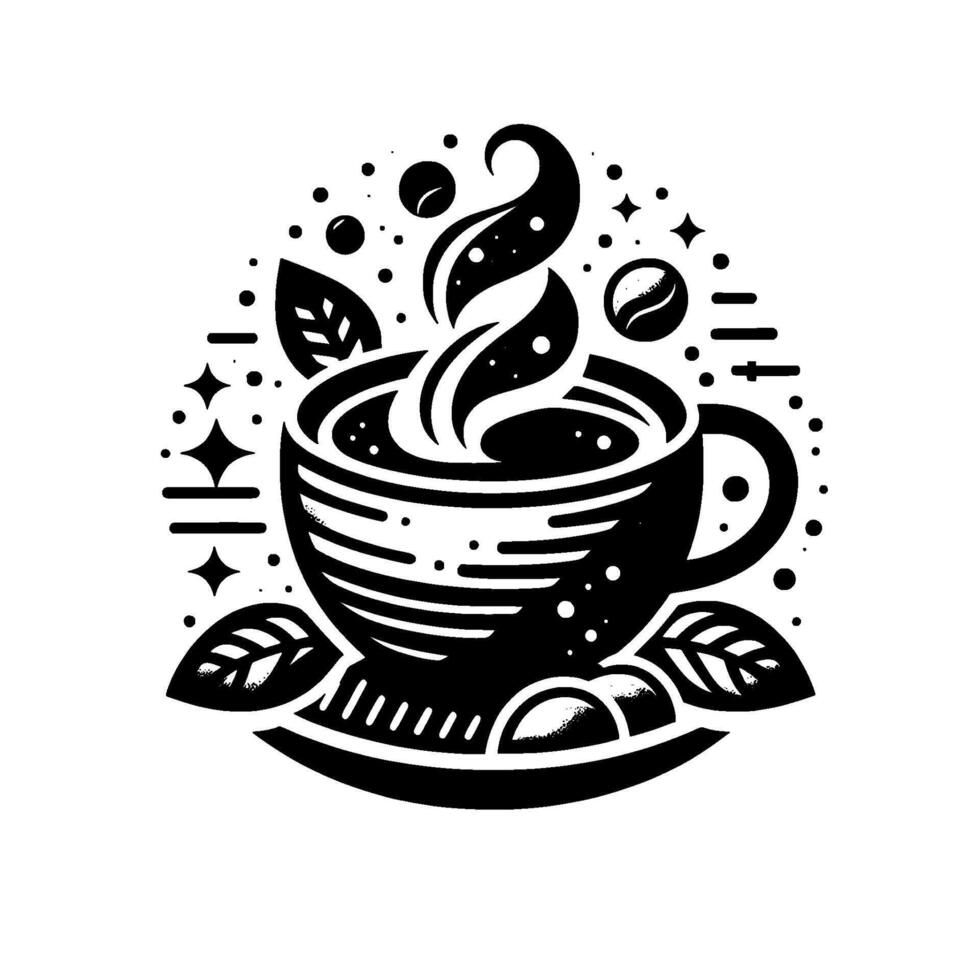 Black and white illustrative coffee cup with stylized steam, leaves, and coffee beans on a saucer, surrounded by starbursts and dots. vector