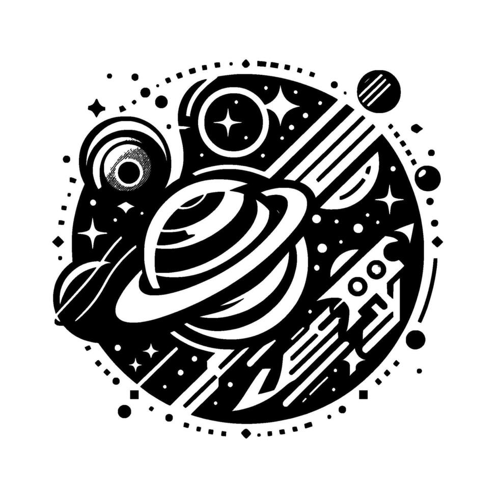 Abstract Black and White Space Illustration Planets, Stars, Rings, Rocket, and Galaxy in Circular Composition. vector