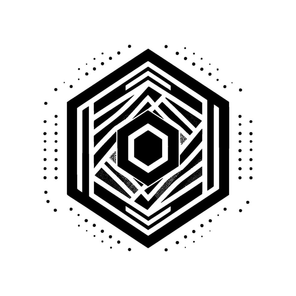 Geometric Black and White Hexagon Composition with Layered Patterns, Dot Border, and Internal Nested Shapes on White Backdrop vector