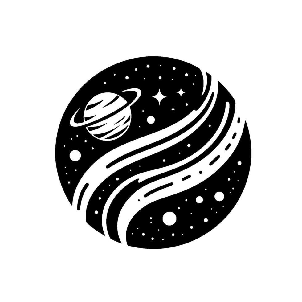 Stylized Black and White Cosmic Circle Planet with Rings, Stars, and Abstract Swirls Representing a Galaxy. vector