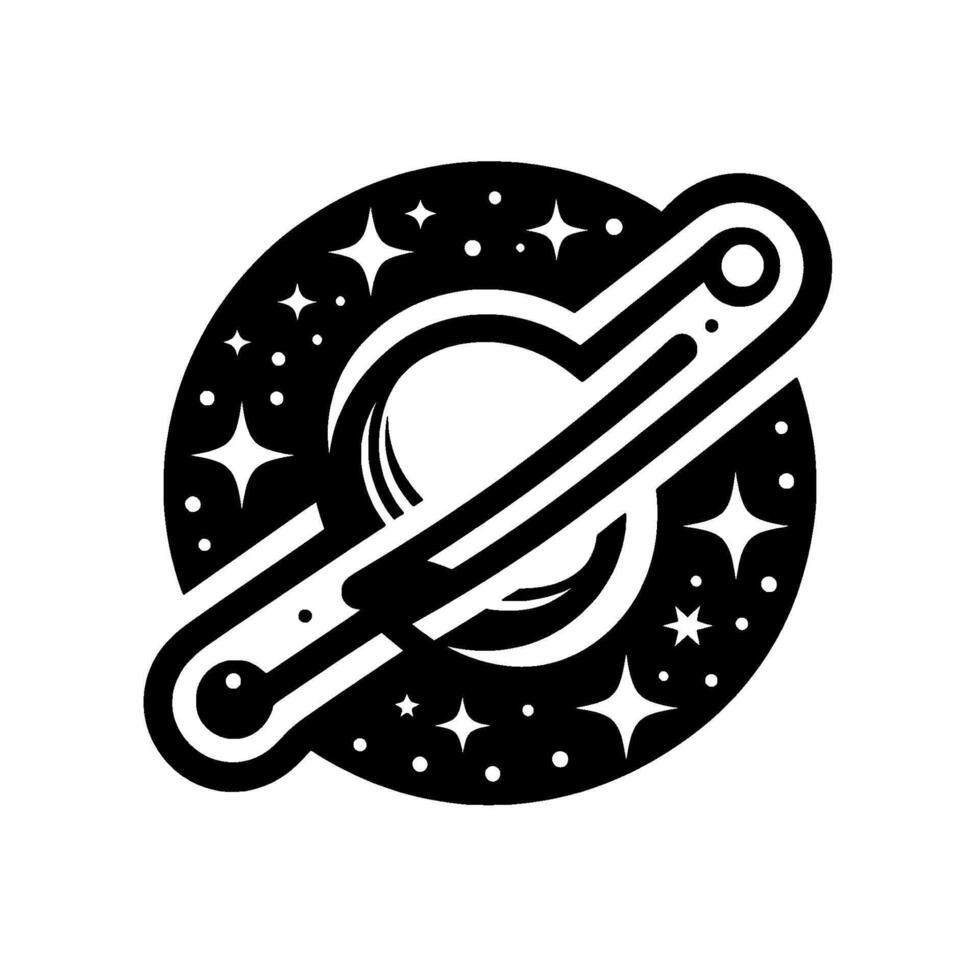 Minimalist Black and White Planetary Icon A Celestial Body with Orbital Band and Starfield Aesthetic. vector