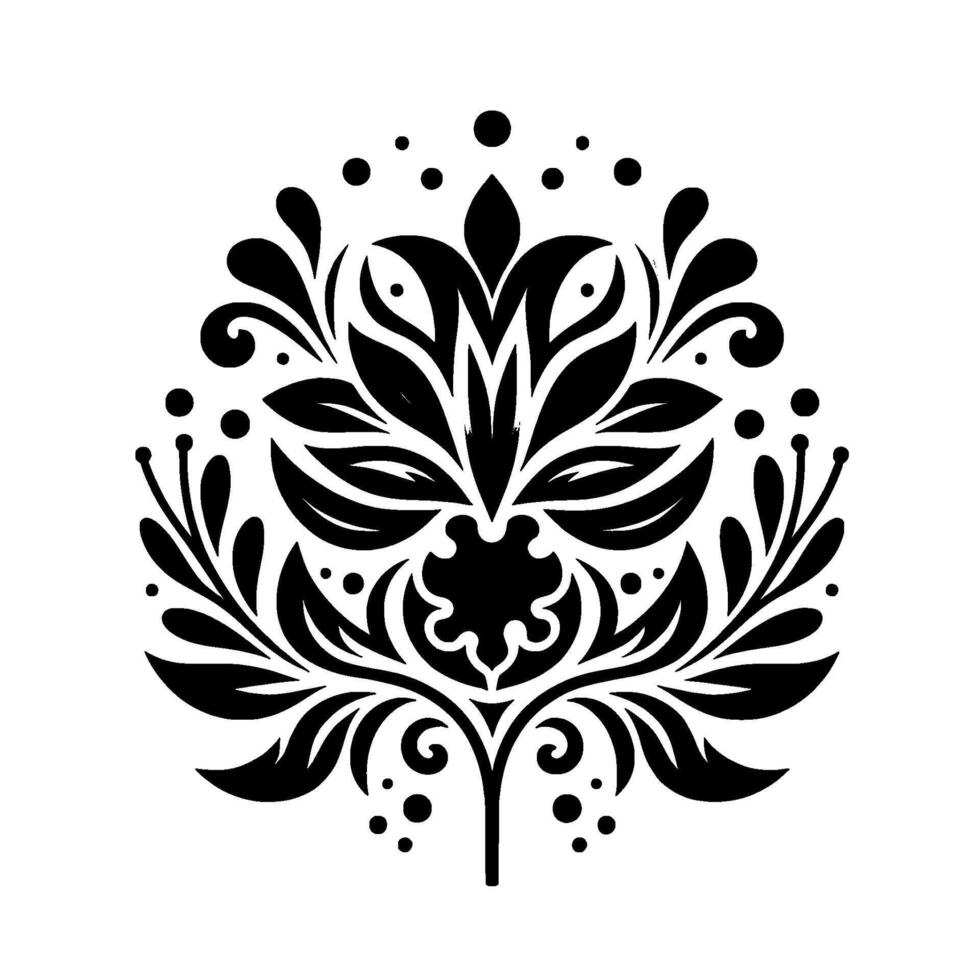 Symmetrical Black and White Floral Ornament with Leafy and Dotlike Elements on a White Background. vector